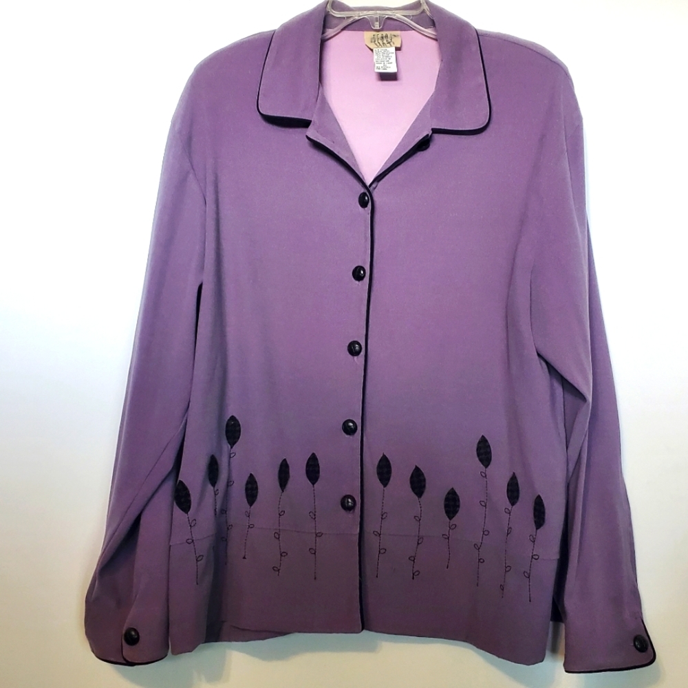 Vintage Shacket Blouse Embroidery Appliqués Shirt Size XL Shoulder Pads Teddi